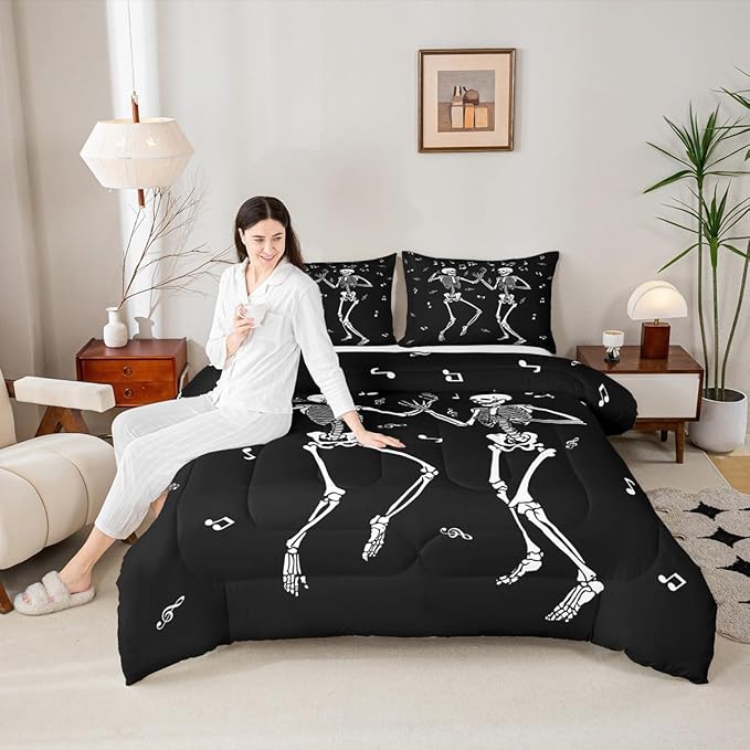 Erosebridal Halloween Skull Dancing Comforter Set Toddler, Gothic Skull Singing Bedding Set, Skeleton Music Note Comforter, Musical Notes Quilt for Kids Boys Men Goth Room Decor, 2 Piece