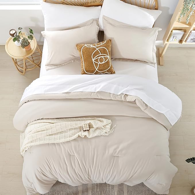 weigelia Twin Comforter Set 5 Pieces Beige Bed in A Bag Soft Queen Bedding Set Lightweight Comforter Set for Women and Men（Comforters, Flat & Fitted Sheets, Pillowcases & Shams）
