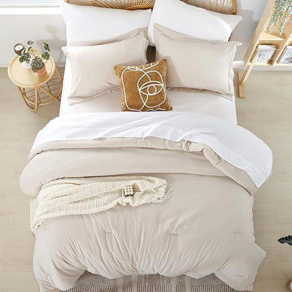 weigelia Twin Comforter Set 5 Pieces Beige Bed in A Bag Soft Queen Bedding Set Lightweight Comforter Set for Women and Men（Comforters, Flat & Fitted Sheets, Pillowcases & Shams）