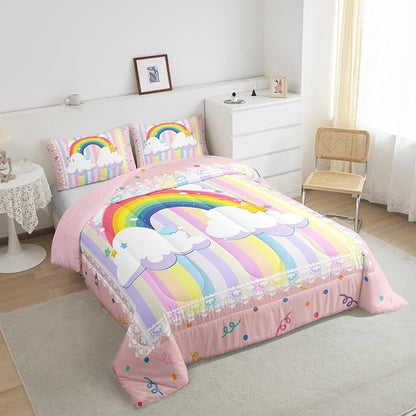Pretty Rainbow Kids Comforter Set King Size,Colorful Dots Stripes Kawaii Sketch Reversible Quilted Duvet with 2 Pillowcases Cute Stars Lace Print Plaid Down Comforter for Boys Teens Bedroom