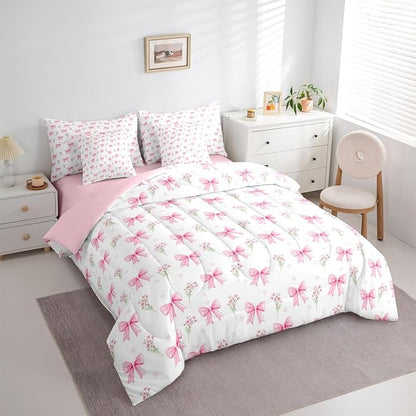 Feelyou Pink Bow Comforter Set with Sheets 7 Piece Queen Size Pink Floral Bed in a Bag Kids Boys Girls Princess Decor Bowknot Bedding Set Garden Flower Bedroom Decor Breathable Soft Lightweight