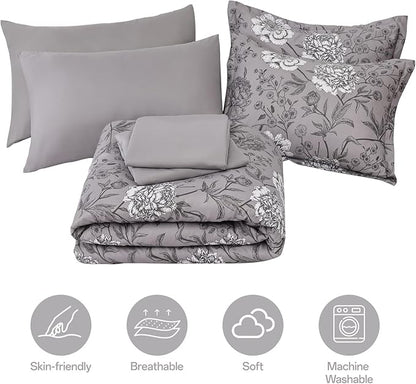 Yiran 7 Piece Bed in a Bag Queen Grey Comforter Set White Floral Bedding Set Flower Leaves Botanical Soft Microfiber Comforter with Flat Sheet Fitted Sheet for All Season(Queen 90"×90")