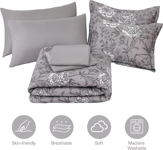 Yiran 7 Piece Bed in a Bag White Floral Comforter Set Grey Flower Bedding Set Leaves Botanical Soft Microfiber Comforter with Flat Sheet Fitted Sheet for All Season(King 104"×90")