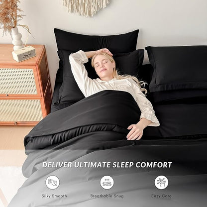 Twin/Twin XL Comforter Duvet Cover Set Black- 7-Piece Bed in a Bag, Double Brushed Micorfiber All-Season Soft Bedding with Sheets & Envelope Pillowcases (68"x88",Twin)