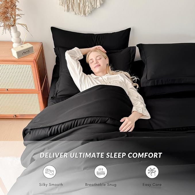Cal King Comforter Duvet Cover Set Black - 7-Piece Bed in a Bag, Festive Gift Double Brushed Micorfiber All-Season Soft Bedding with Sheets & Envelope Pillowcases(104"x90",Cal King)