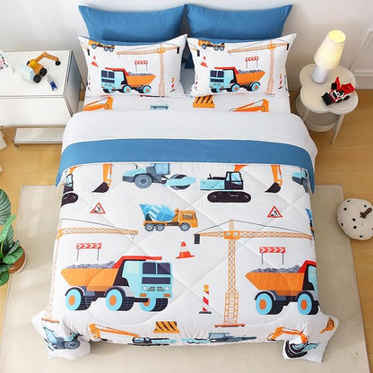 7 Pieces Boys Comforter Set Queen Size Excavator Bedding Set Cartoon Car Kids Bed in a Bag Construction Truck Bedding for Children Kids Boys Teens for Birthday Choice