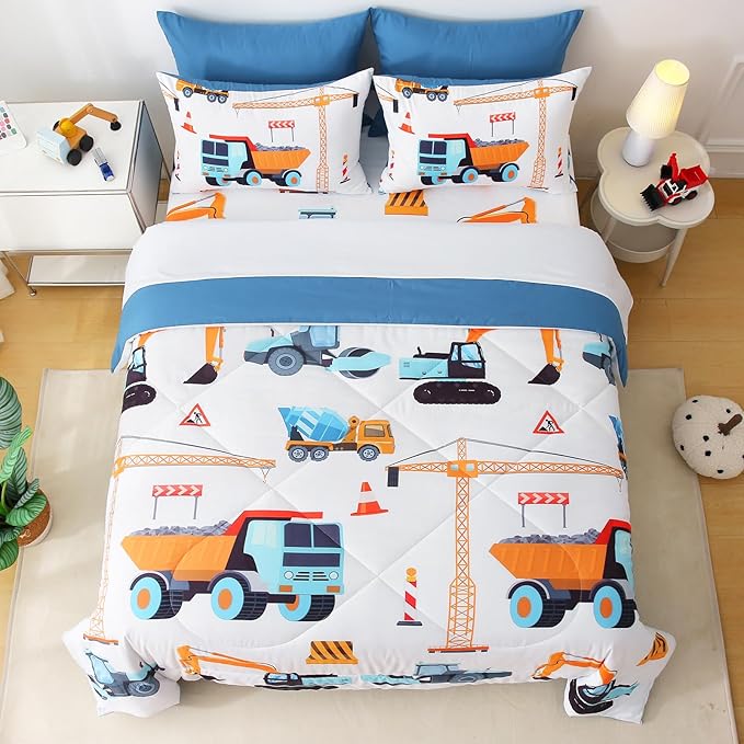 7 Pieces Boys Comforter Set Full Size Excavator Bedding Set Cartoon Car Kids Bed in a Bag Construction Truck Bedding for Children Kids Boys Teens for Birthday Choice