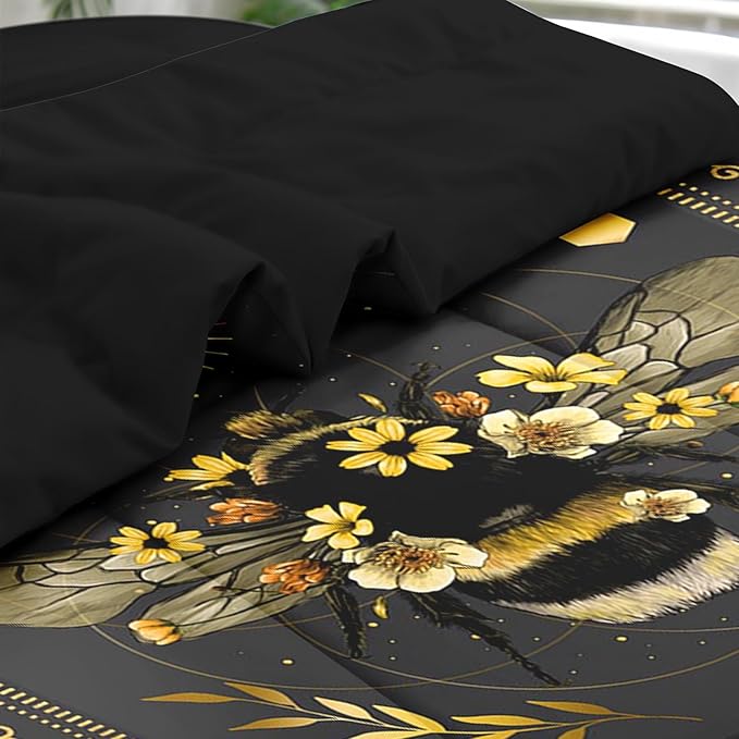 Comforter Set Queen Size, Bee Yellow Sweet 7 Pcs Bedding for Kids and Adults, Vintage Sunflower Black Bed Sheet Sets with Fitted Sheet 2 Pillowcases & 2 Shams for Bedroom Bed Decor
