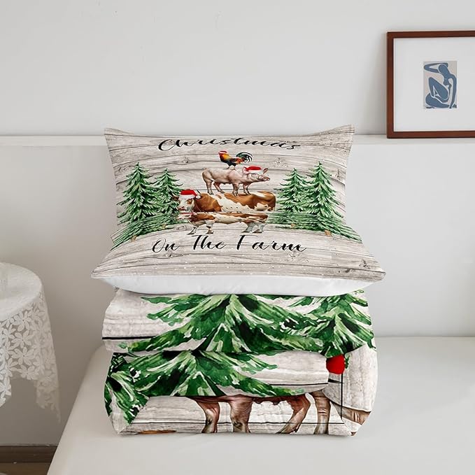 Christmas Farmhouse Bedding Set for Boys Girls,Cartoon Cow Chicken Pig All Season Cozy Comforter Set Full Size,Xmas Pine Trees Snowflake Duvet Set Bedroom Decor,Festival Gifts