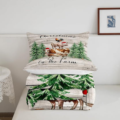 Christmas Farmhouse Bedding Set for Boys Girls,Cartoon Cow Chicken Pig All Season Cozy Comforter Set Full Size,Xmas Pine Trees Snowflake Duvet Set Bedroom Decor,Festival Gifts