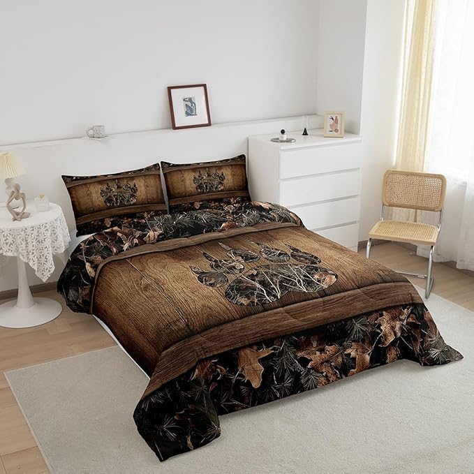 Erosebridal Camo Bear Paw Bedding Comforter Sets Hunting Woodland Wildlife Bedding Set Twin,Camouflage Rustic Cabin Comforter Set for Kids Farmhouse Woodland Board Animal Quilt Set Country Decor