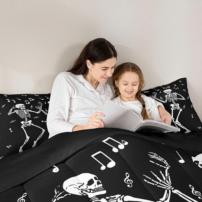 Erosebridal Halloween Skull Dancing Full Bedding Set, Gothic Skull Singing Comforter Set, Skeleton Music Note Comforter, Musical Notes Quilt for Kids Boys Men Goth Room Decor, 3 Piece