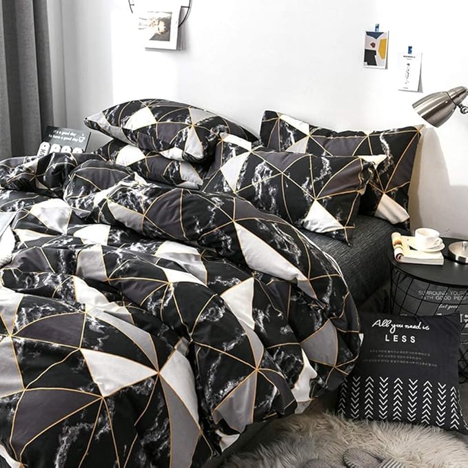 Houseri Black Comforter Set Full Black and White Geometric Marble Full Size Bedding Sets Boys Soft Breathable Black Plaid Bedding Modern Chic Triangle Gold Diamond Grid Comforters Bed Quilt Full