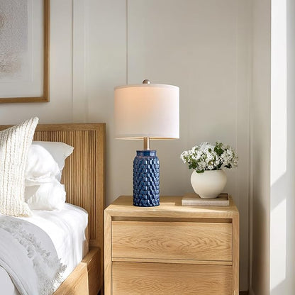 20.5" Set of 2 Bedside Table Lamps Modern Blue Honeycomb Ceramic - Linen Shade, E26 Knob Switch for Living Room, Bedroom & Nightstand