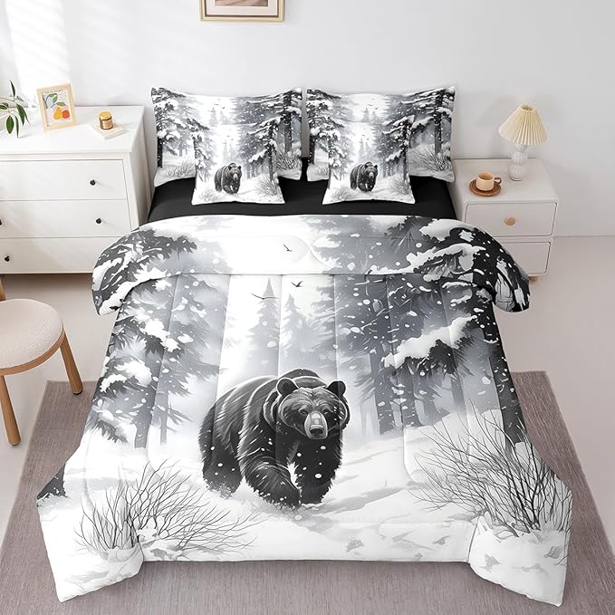 Erosebridal Twin Size Black Bear in Winter Bedding, 7Pcs Merry Christmas Comforter Set for Boys Girls Rustic Farm Animal Print Bed Sets Winter Snowflake Wild Black Bear Bedroom Comforter with Sheets