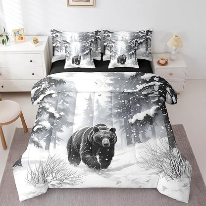 Erosebridal Full Size Black Bear in Winter Bedding, 7Pcs Merry Christmas Comforter Set for Boys Girls Rustic Farm Animal Print Bed Sets Winter Snowflake Wild Black Bear Bedroom Comforter with Sheets