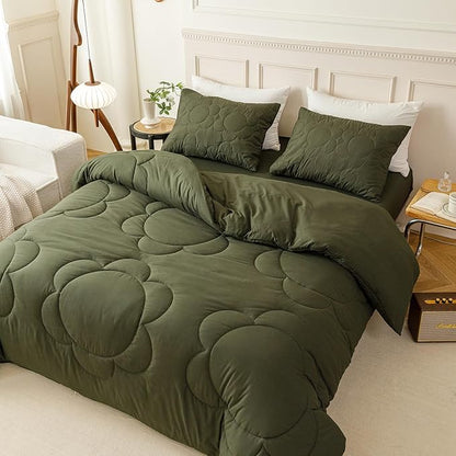 CLOTHKNOW Army Green Floral Comforter Set Twin/Twin XL Daisy Puff Bedding Comforter Sets Dark Green Comforter Sets Twin