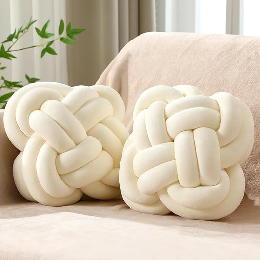 2 Pcs Knot Pillow Balls Set, 12 Inch Soft Decorative Throw Knot Pillow Ball, Large Square Knotted Floor Cushion for Living Room Bedroom Sofa Couch Bed Home Decoration(Beige)
