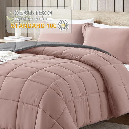 satisomnia Queen Comforter Set, Pink Bedding Comforters Queen Size, 3 Pieces Down Alternative Bed Comforter Lightweight, Soft Quilted Bed Set Breathable, Reversible All Season Bedding Sets Grey
