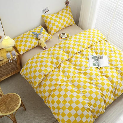 CLOTHKNOW Light Yellow Grid Queen Comforter Set Plaid Bedding Comforter Sets Checker Queen Comforter Light Yellow Queen Size Comforter Sets