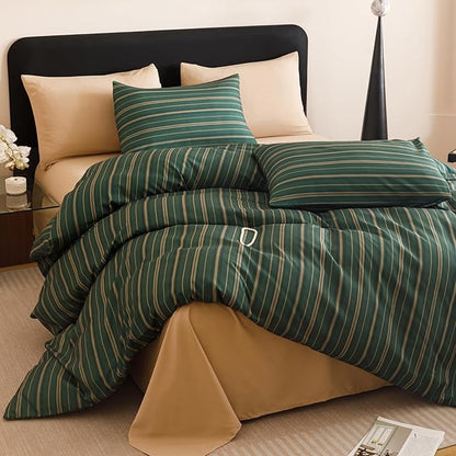 CLOTHKNOW Green Striped Full Size Comforter Sets Ticking Farmhouse Bedding Comforter Sets Hunter Green Comforter Boho Soft with 2 x Pillow Cases