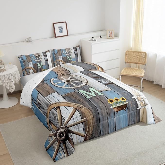 Rustic Farmhouse Quilt Set Twin For Men Western Country Cabin Bedding Set Farm Animal Sunflower Comforter Set Retro Barn Door Wheel Windmill Duvet Insert Grunge Brown Planks Decor 1 Pillow Case