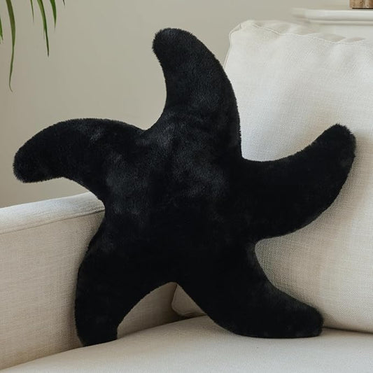 Starfish Pillow, Cute Decorative Pillows for Couch Bed, Aesthetic Room Decor Accent Pillow Plush with Soft Faux Rabbit Fur for Bedroom Living Room (Black, 19.6 Inches)