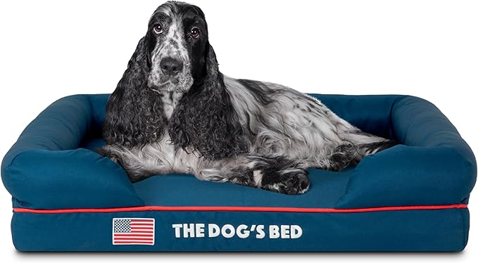 The Dog’s Bed Orthopedic Memory Foam Dog Bed with Bolsters, Oxford Fabric, Blue with Dark Red Trim, M
