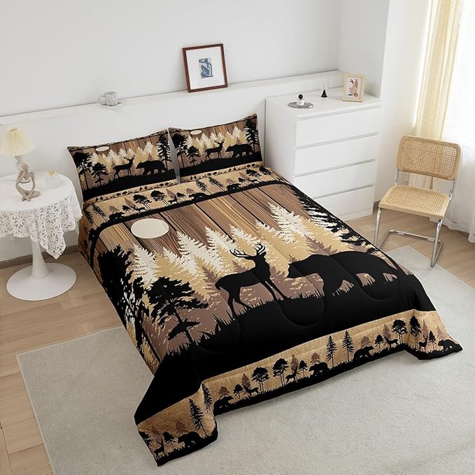 Feelyou Rustic Bear Deer Comforter Set Toddler Size, Wildlife Hunting Theme Quilt Set with 1 Pillowcases, Wild Animal Bedding Set 2pcs for Kids Boys Teens Room Decor, Wooden Board Duvet Insert