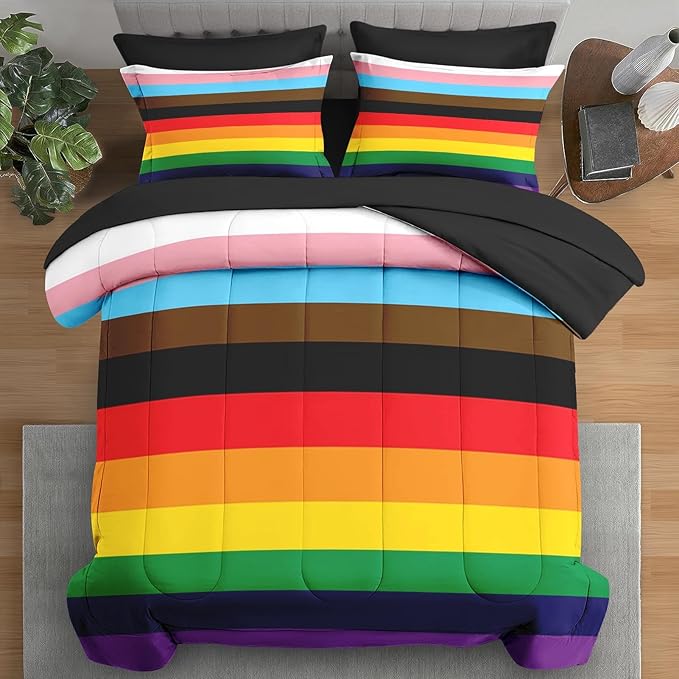 Comforter Set Twin Size, Pride Flag 5 Pcs Bedding for Kids and Adults, Rainbow Stripe Bed Sheet Sets with Fitted Sheet Pillowcase & Sham for Bedroom Bed Decor