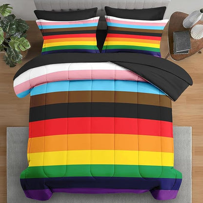 Comforter Set Twin Size, Pride Flag 5 Pcs Bedding for Kids and Adults, Rainbow Stripe Bed Sheet Sets with Fitted Sheet Pillowcase & Sham for Bedroom Bed Decor