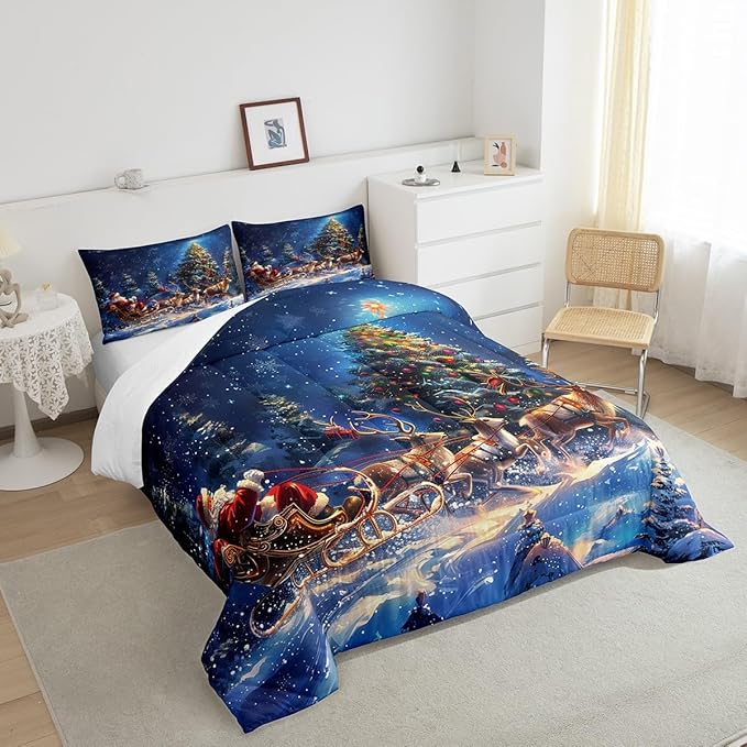 Santa Clause Elk Sleigh Comforter Set Queen Size,Christmas Tree Bedding Set for Kids Girls Boys Teens Room Decor,Winter Snow Night Quilt Set Vintage Art Painting Duvet Insert,2 Pillowcases