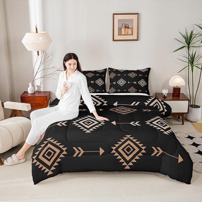 Feelyou Boho Western Comforter Set Brown Black Southwestern Aztec Tribal Queen Size Bedding Set for Kids Boys Girls Bohemian Duvet Quilt
