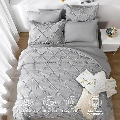 JOLLYVOGUE Grey Queen Comforter Set, 7 Pieces Pintuck Comforters Queen Size, Bed in a Bag Queen Comforter for Bedroom, Bedding Comforter Sets with Comforter, Sheets, Ruffled Shams & Pillowcases