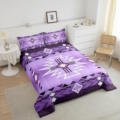 Southwestern Bedding Set Full Size,Purple Aztec Tribal Arrow Stripes Comforter Set 3Pcs for Kids Teens Women Men Room Decor,Rustic Farmhouse Quilt Set Vintage Cowboy Duvet Insert,2 Pillowcases