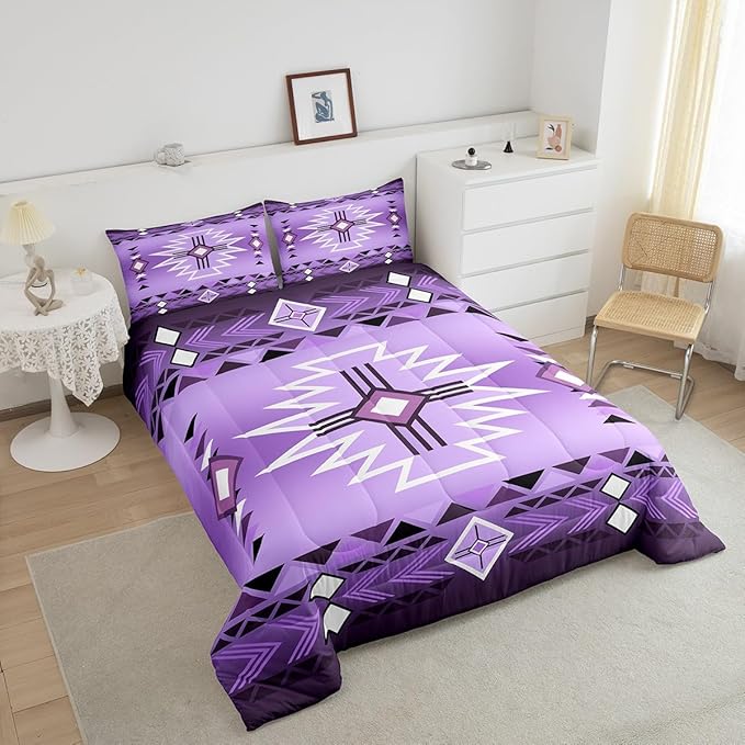 Southwestern Comforter Set Twin Size,Purple Aztec Tribal Arrow Stripes Bedding Set 2Pcs for Kids Teens Women Men Room Decor,Rustic Farmhouse Quilt Set Vintage Cowboy Duvet Insert,1 Pillowcase