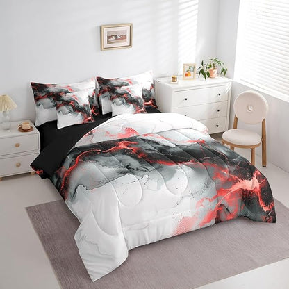 Erosebridal Black and Red Bed in a Bag 7pcs Abstract Marbling Bedding Set, Aesthetic Marble Twin Size Comforter Set Foil Print Bedding Comforter Sets, Watercolor Painting Bed Set Kids Bedroom Decor