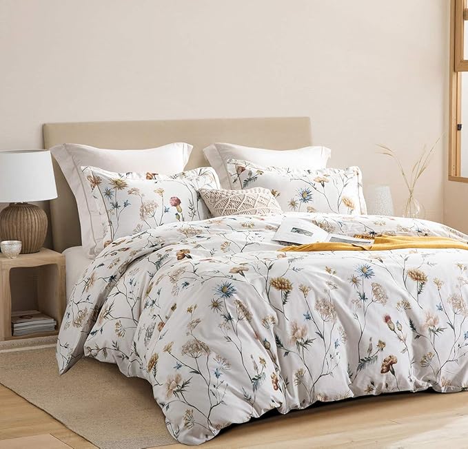 SLEEPBELLA Comforter Queen Size, 600 Thread Count Cotton White Printed with Blue & Blush Flowers Cotton Comforter Set,Down Alternative Bedding Set 3Pcs(Queen, White Floral)