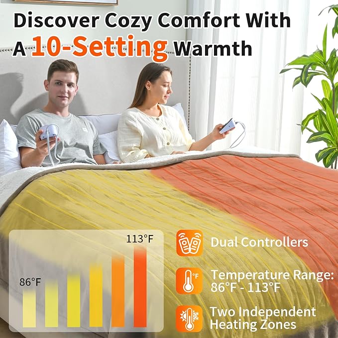 Heated Electric Blankets - Soft Flannel Heating Throw Electric Blanket with 6 Heat Settings King Size 100" × 90" Taupe - Velvet & Sherpa