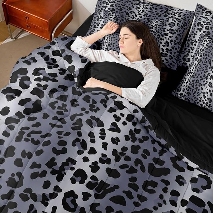 Erosebridal Blue Grey Cheetah Ombre Fur Full Comforter Set 7 Pieces | Leopard Print Bed in A Bag for Bedroom Women Men Adults Bedding Set with Comforters Wild Animal Skin Pattern Room Decor