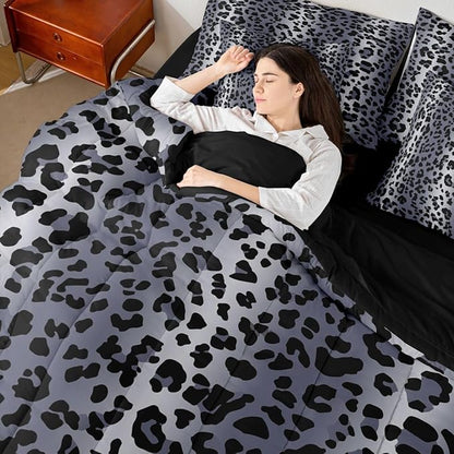 Erosebridal Blue Grey Cheetah Ombre Fur Full Comforter Set 7 Pieces | Leopard Print Bed in A Bag for Bedroom Women Men Adults Bedding Set with Comforters Wild Animal Skin Pattern Room Decor