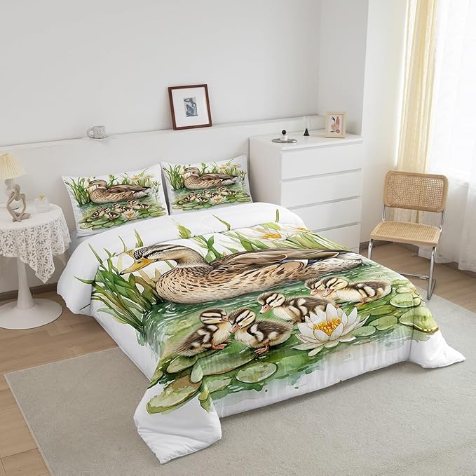Duck Family Queen Size Comforter Sets for Boys Girls,Watercolor Pond Flowers Leaves Bedding Sets Youth Men Bedroom Decor,Wild Duck Cute Birds 3 Pieces Quilt Set,Farmhouse Style Duvet Insert