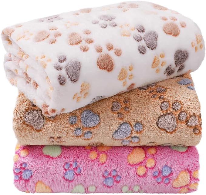LINENLUX 1 Pack 3 Blankets Super Soft Fluffy Premium Fleece Dog Blankets for Puppy Cat Pet Blanket Flannel Throw Warm Sleep Dog Paw 40x31 inches