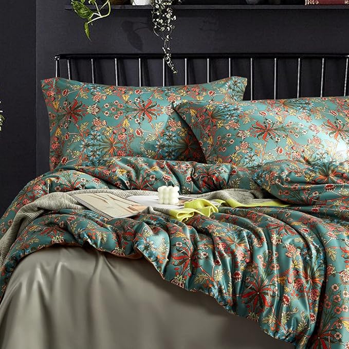 mixinni Flower Leaves Printed Full Comforter Set Blue Boho Floral Bedding Comforter Sets, 1 Multi Colored Comforter and 2 Pillowcases-Full Size