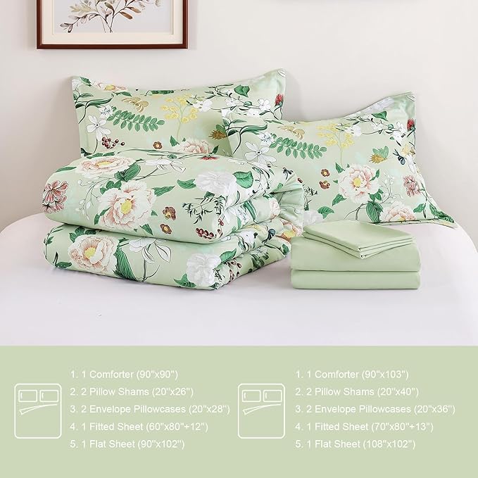 Anibedding 7Pieces Floral King Size Comforter Set, Green Garden Plant Style Bed in a Bag Flower Bedding with Pillow Case for Bedroom