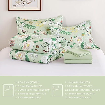Anibedding 7Pieces Floral King Size Comforter Set, Green Garden Plant Style Bed in a Bag Flower Bedding with Pillow Case for Bedroom