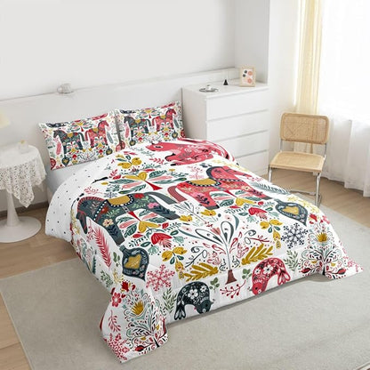 Scandinavian Horse Comforter Set Queen Size,Rustic Farmhouse Floral Bedding Sets 3Pcs for Kids Girls Boys Women Room Decor,Bird Squirrel Quilted Duvet Christmas Style Down Comforter,2 Pillowcases