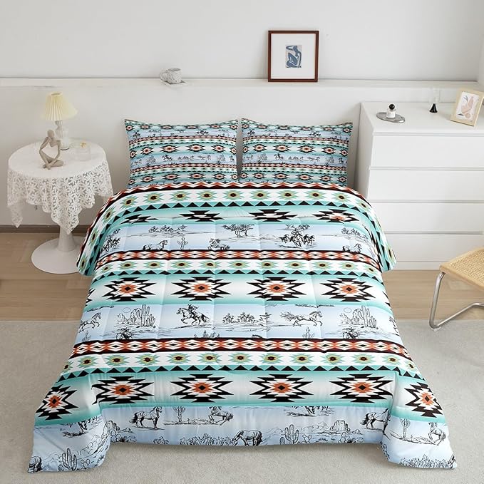 Feelyou Horse Comforter Set for Kids Boys Girls Southwestern Comforter Wild Western Cowboy Buffalo Check Bedding Set King Size Bedroom Decor Vinatge Blue Green Duvet Set 3Pcs