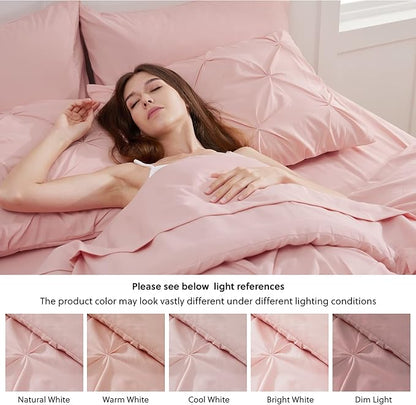 Bedsure California King Comforter Set Pink - Bed in a Bag Cal King Bedding Set 7 Pieces, GentleSoft™ Pintuck Bed Set Gift for Family, Pinch Pleat Pink Comforter with Sheets, Pillowcases & Shams