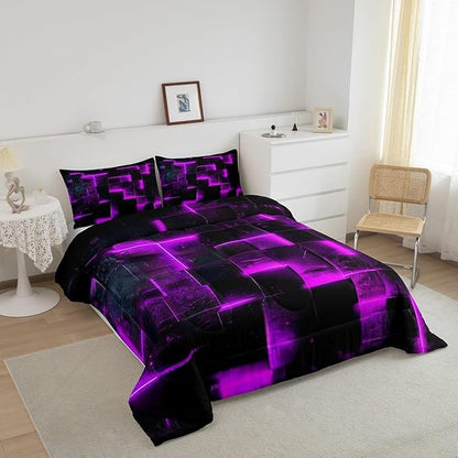 Erosebridal Black and Purple Comforter Set Queen Modern Abstract Queen Bedding, 3D Glowing Plaid Bedding Comforter Sets Gradient Grid Duvet, Neon Square Quilted Comforter 3pcs (Black Reversible)